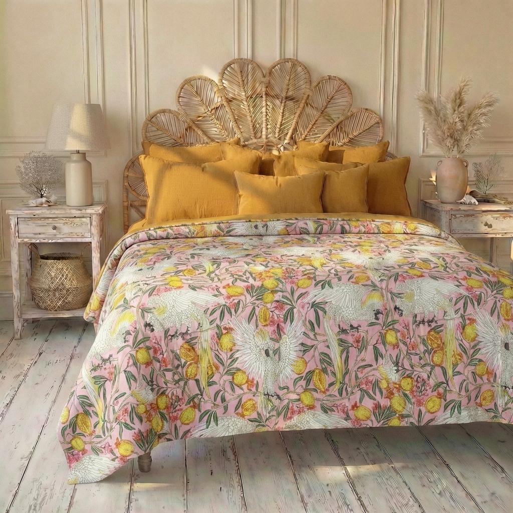 Pink Tropical Bird & Pomegranate Print Quilt/Throw