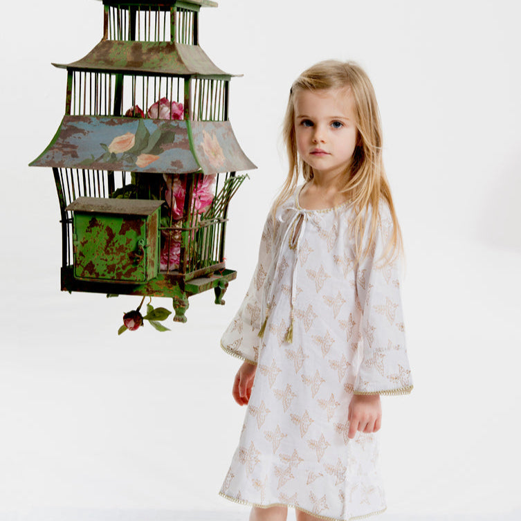 White Marrakesh Gold Block Print Dress