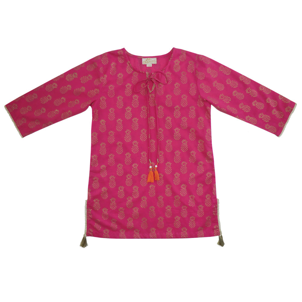 Hot Pink Kaftan With Gold Pineapple Print