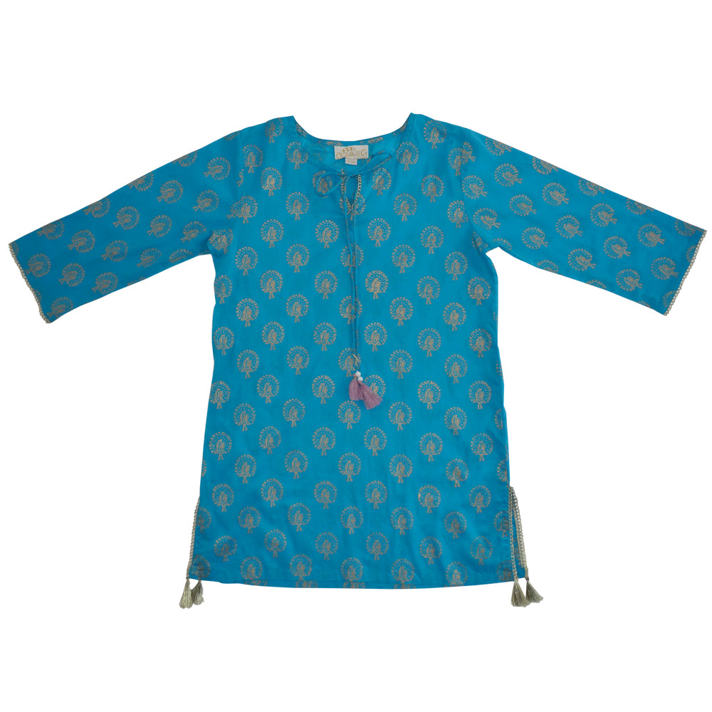 Turquoise Kaftan With Gold Peacock Print