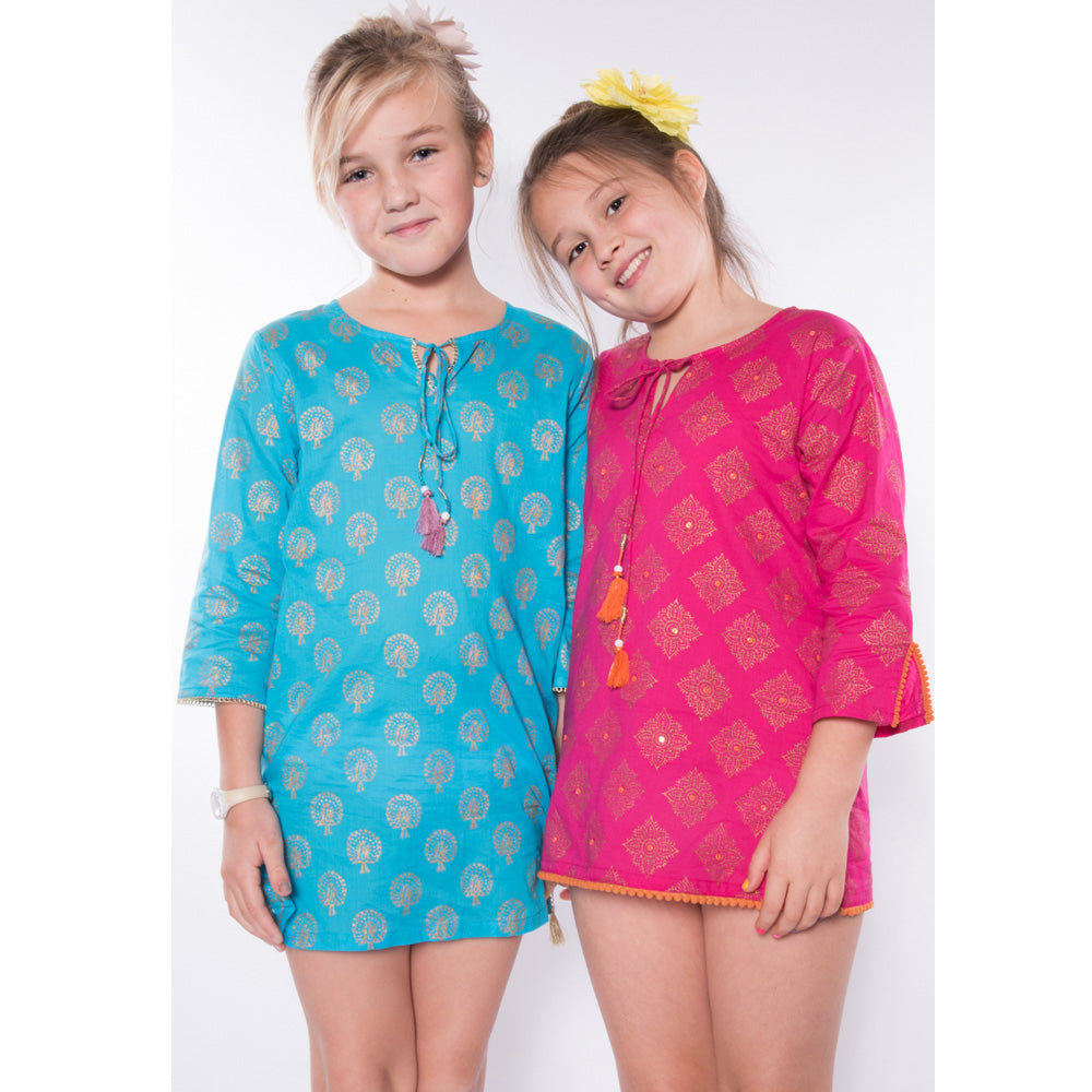 Turquoise Kaftan With Gold Peacock Print