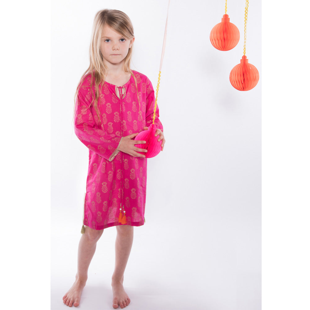 Hot Pink Kaftan With Gold Block Print