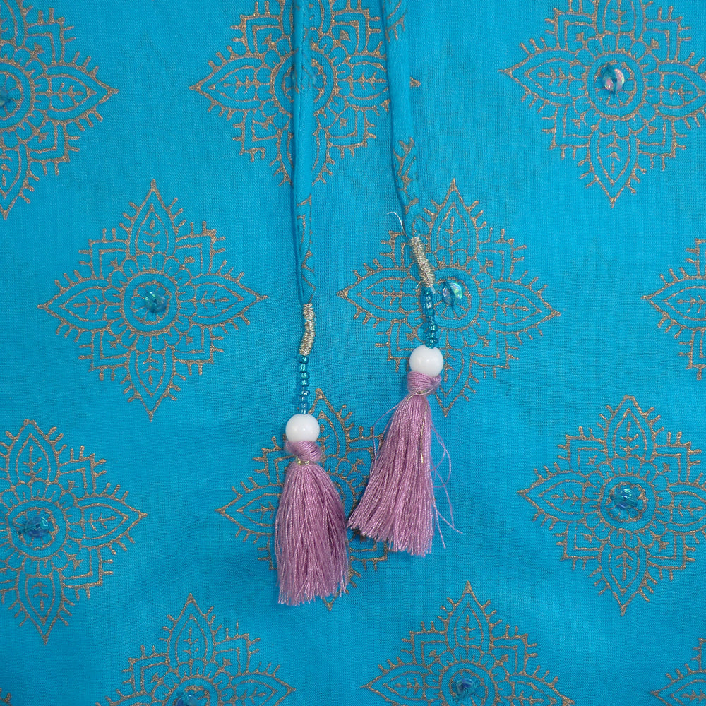 Turquoise Kaftan With Gold Block Print