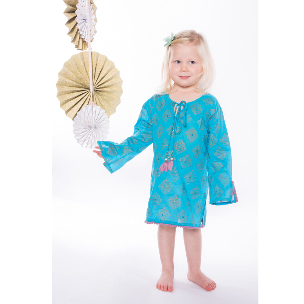 Turquoise Kaftan With Gold Block Print