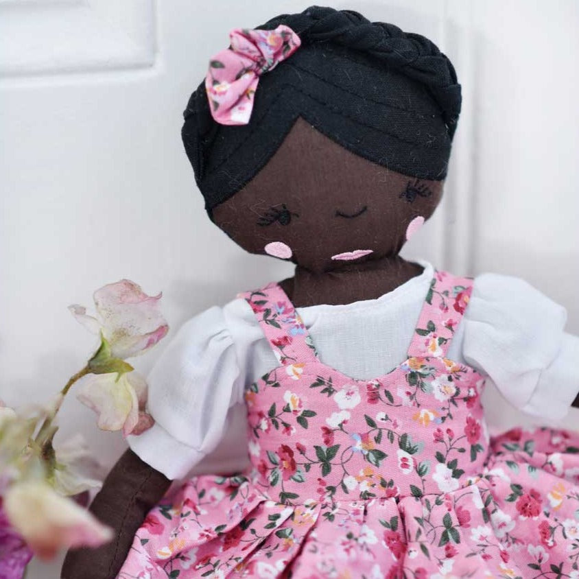 35cm Black Craft Doll Wearing A Pink Floral Dress