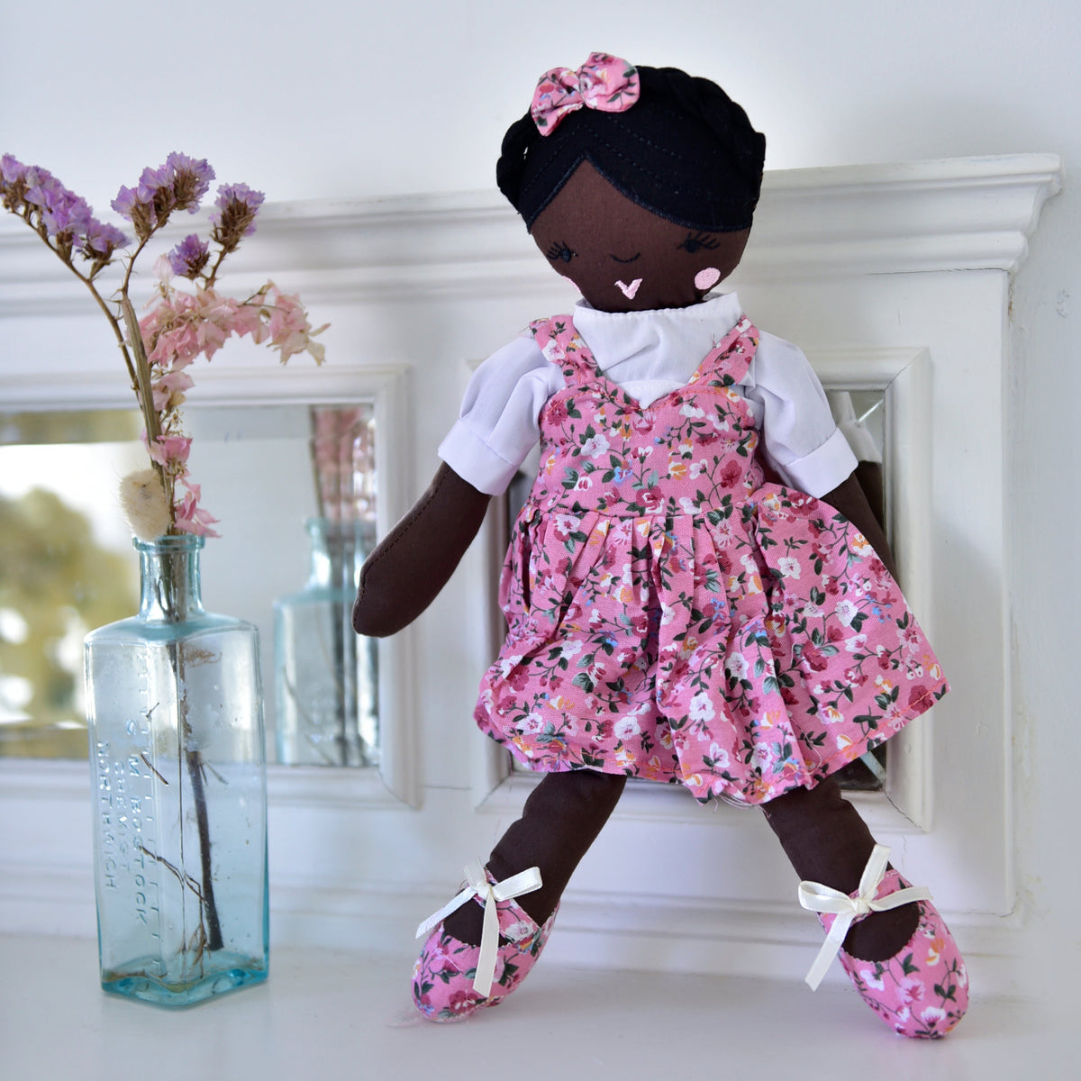 35cm Black Craft Doll Wearing A Pink Floral Dress