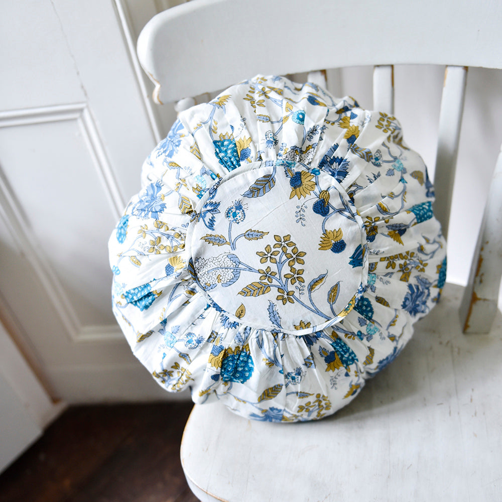 Blue & White Floral Print Round Cushion With Pad 45cm