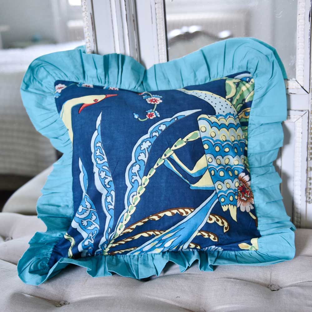 Blue Floral Exotic Bird Print Square Cushion With Pad 45cm