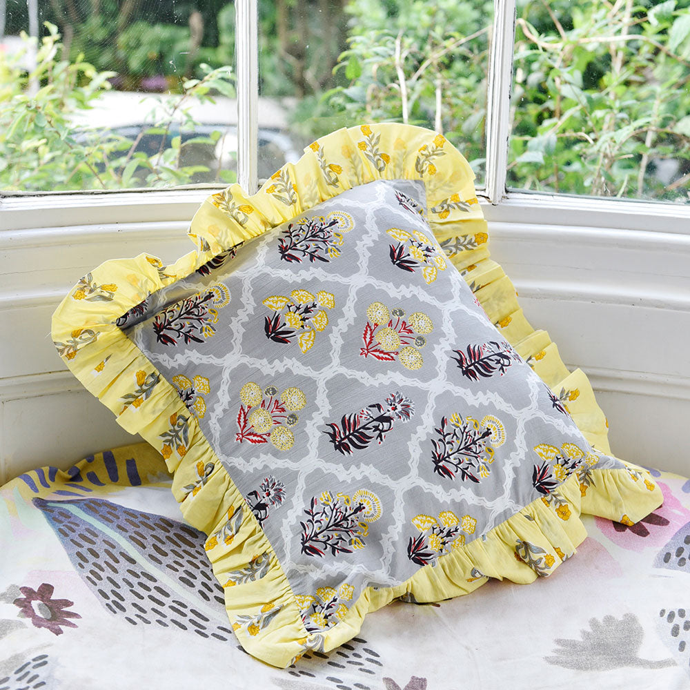 Grey Floral Cushion With Yellow Ruffle Trim