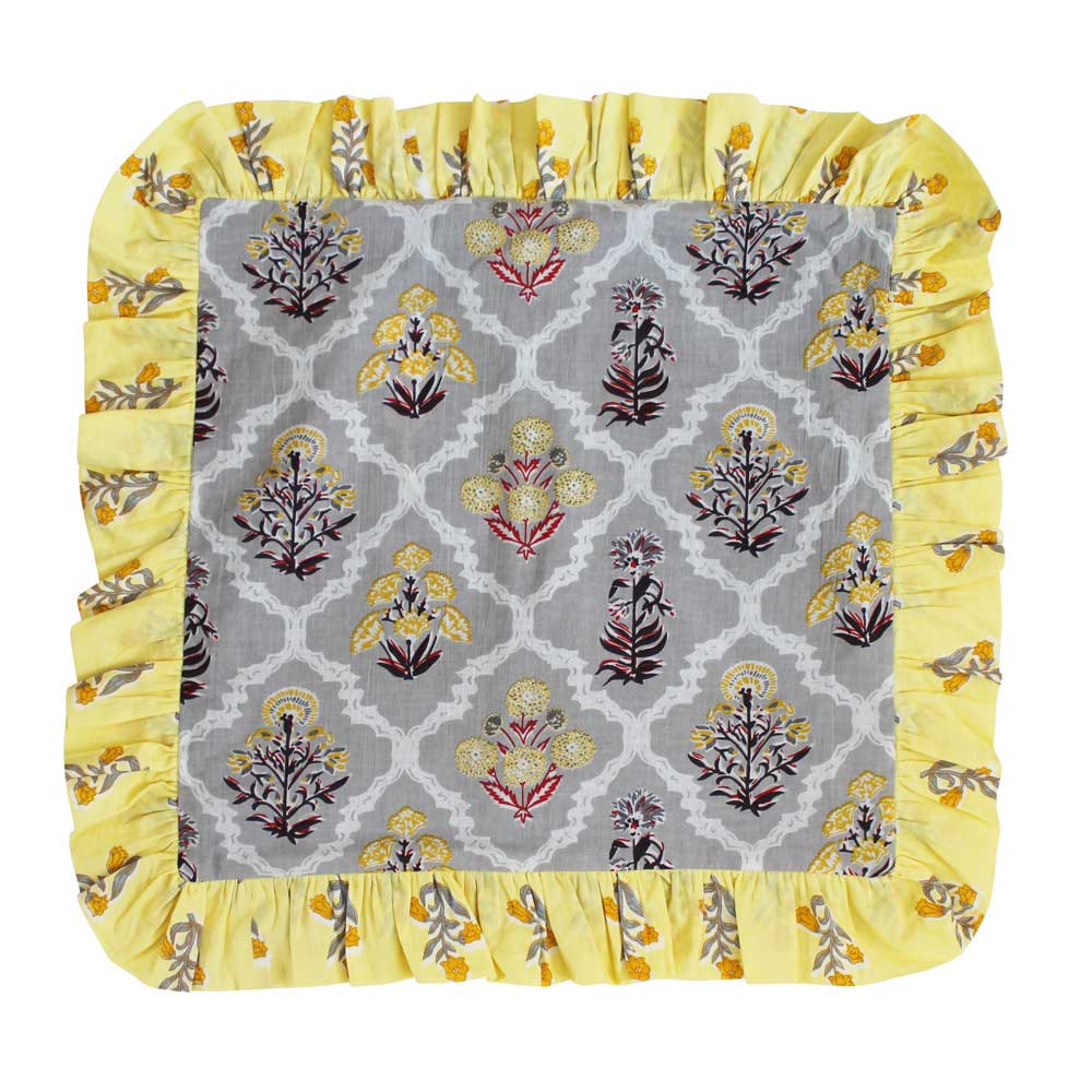 Grey Floral Cushion With Yellow Ruffle Trim