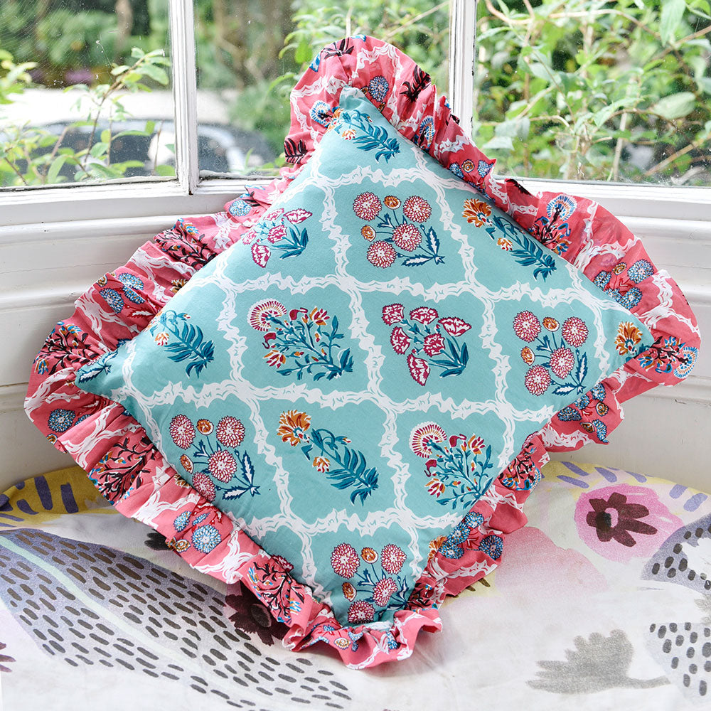 Blue Floral Cushion With Pink Ruffle Trim