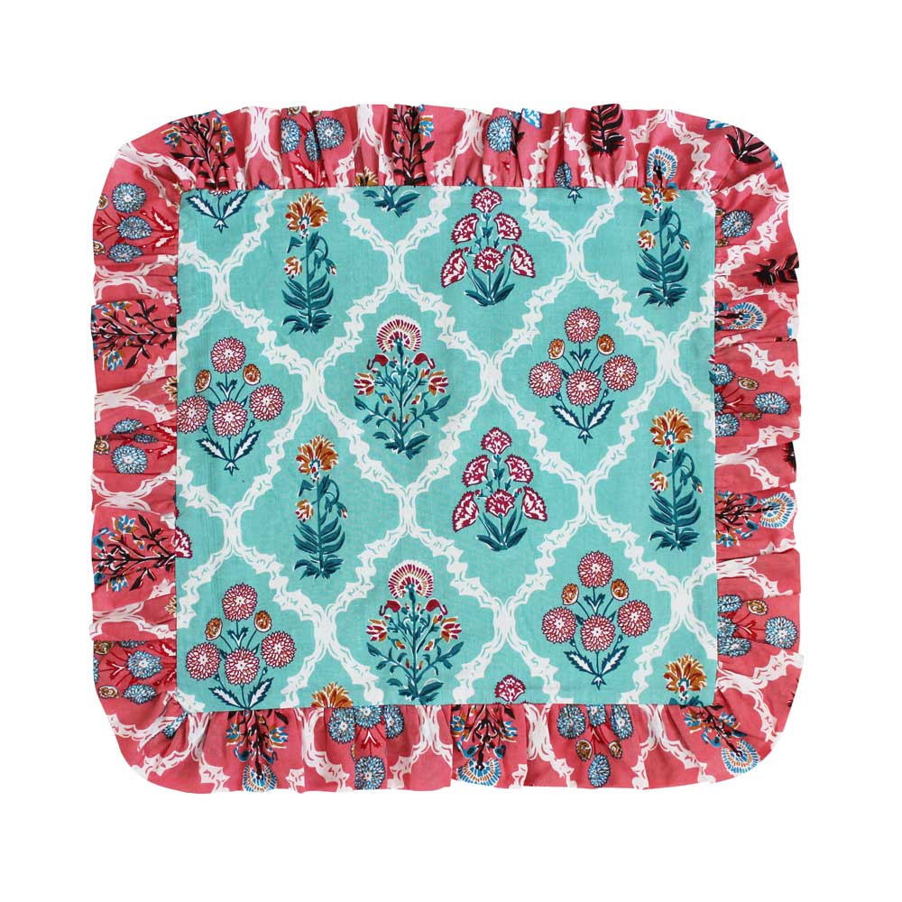 Blue Floral Cushion With Pink Ruffle Trim