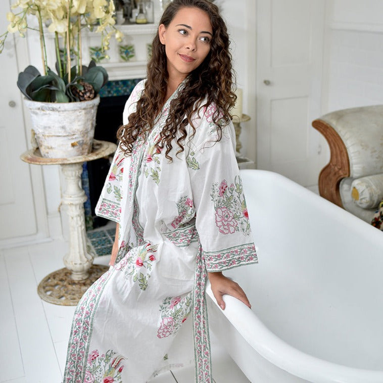 Pink & Mint Green Block Print Floral Dressing Gown Pink & Mint Green Block Print Floral Dressing Gown