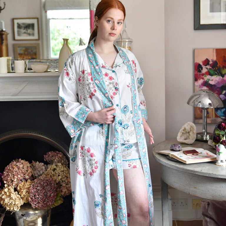 Blue & Pink Floral Block Print Dressing Gown