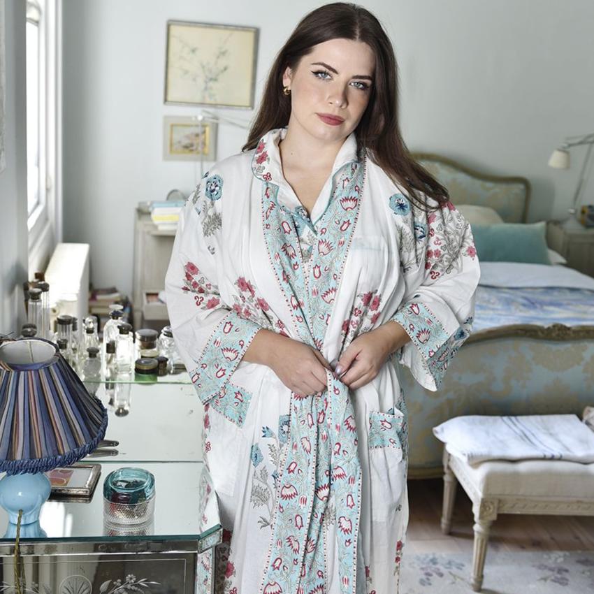 Blue & Pink Floral Block Print Dressing Gown Blue & Pink Floral Block Print Dressing Gown