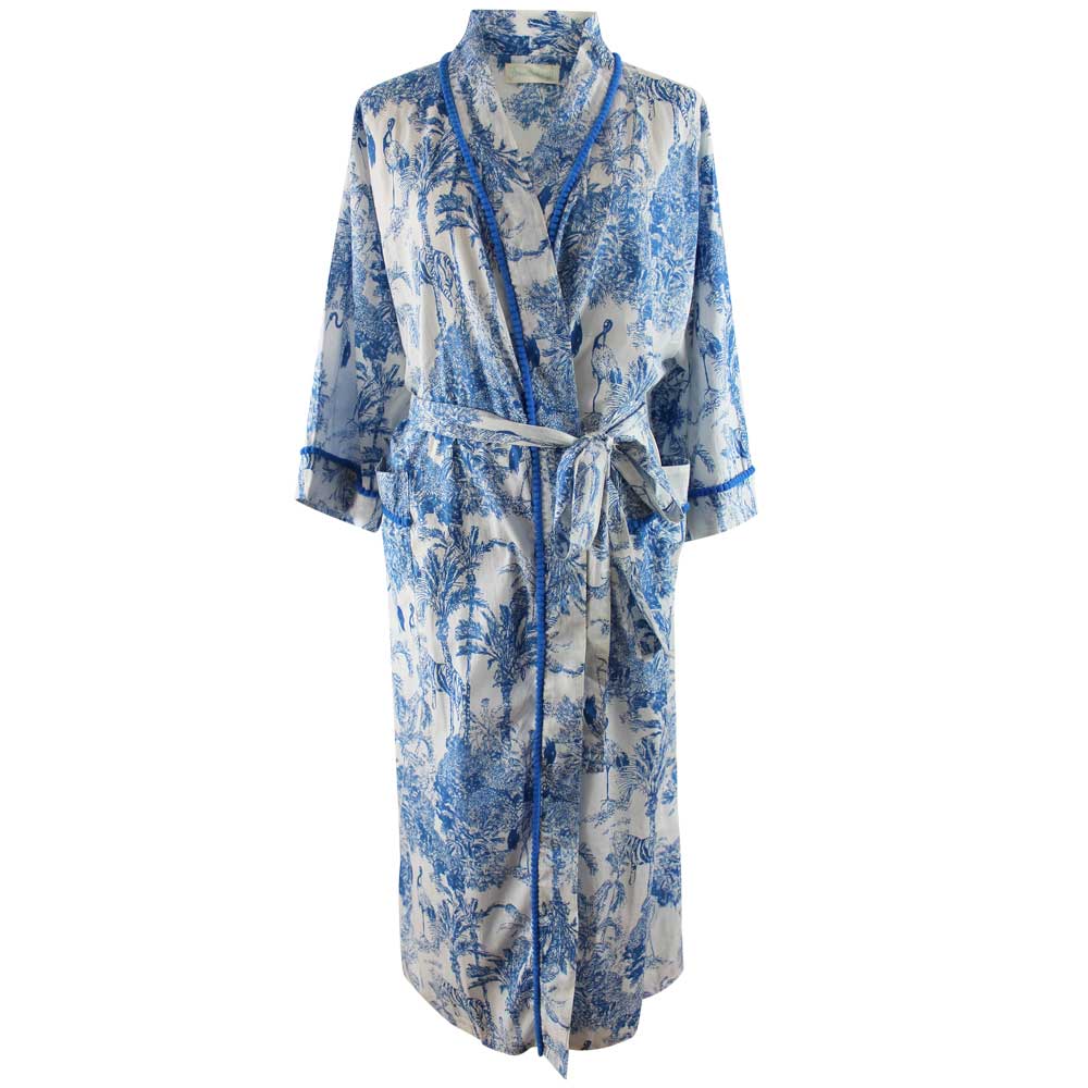 Blue White Safari Toile De Jouy Print Dressing Gown
