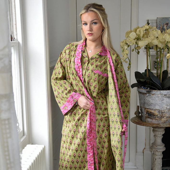 green and pink dressing gown Lime & Small Block Print Shimmering Emerald Green Gown