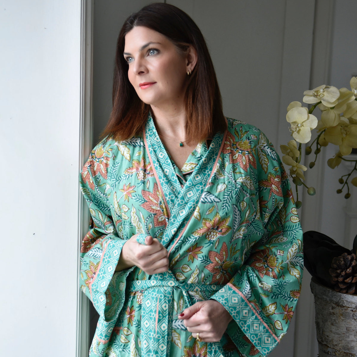 Turquoise, Pink & Olive Block Floral Print Dressing Gown
