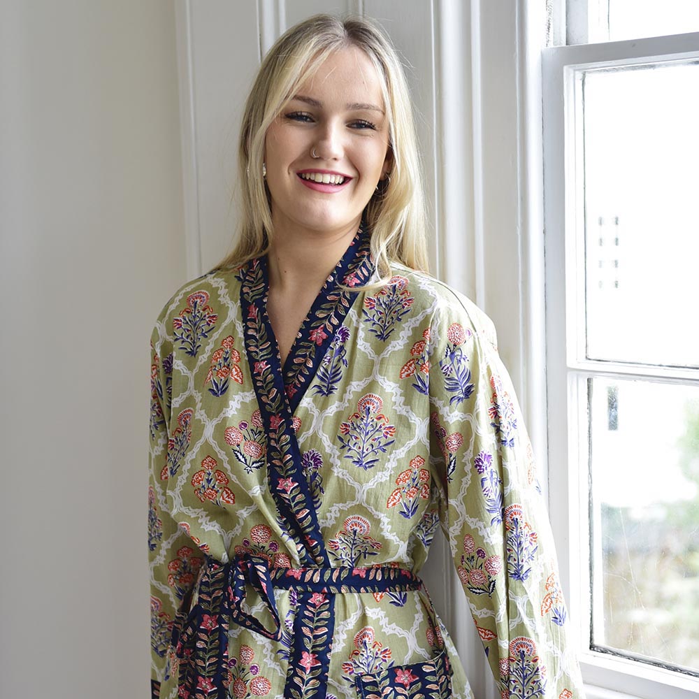 Green Framed Small Floral Block Print Dressing Gown
