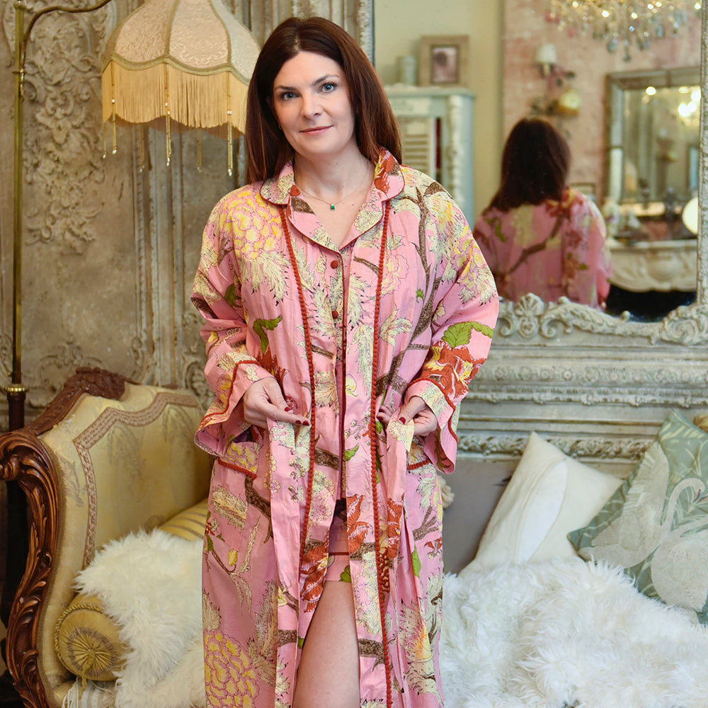 Pink, Cream & Burnt Orange Large Botanical Print Dressing Gown