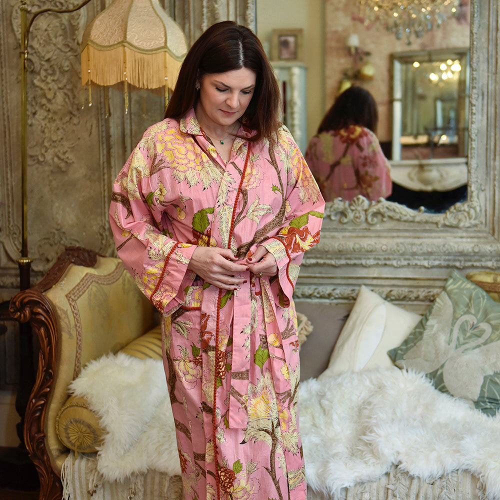 Pink, Cream & Burnt Orange Large Botanical Print Dressing Gown