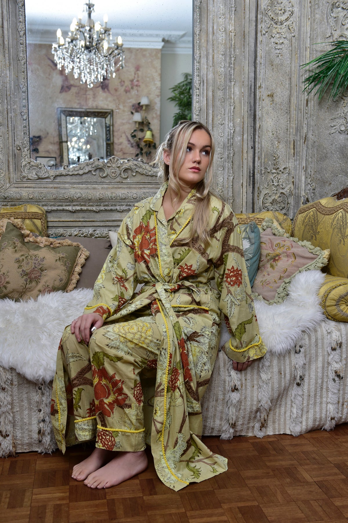 Beige, Olive & Burnt Orange Large Botanical Print Dressing Gown