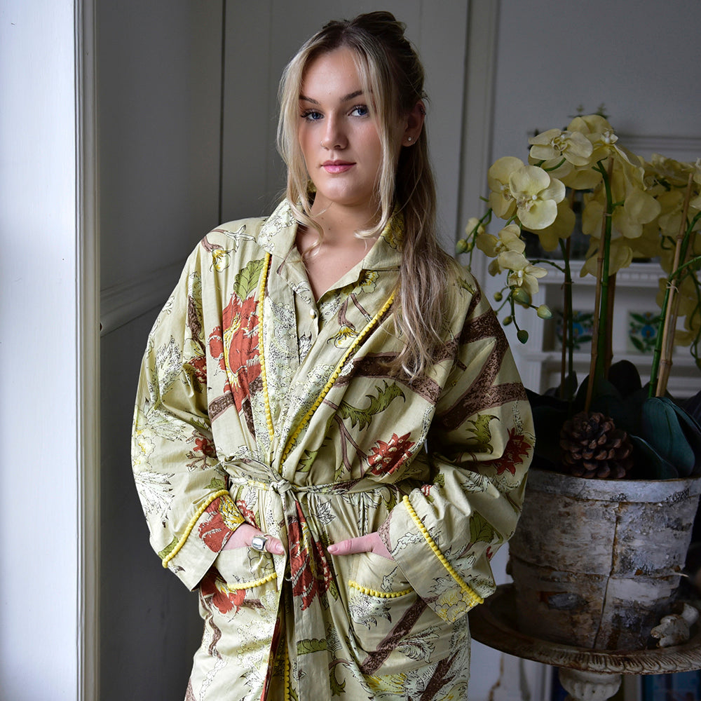 Beige, Olive & Burnt Orange Large Botanical Print Dressing Gown