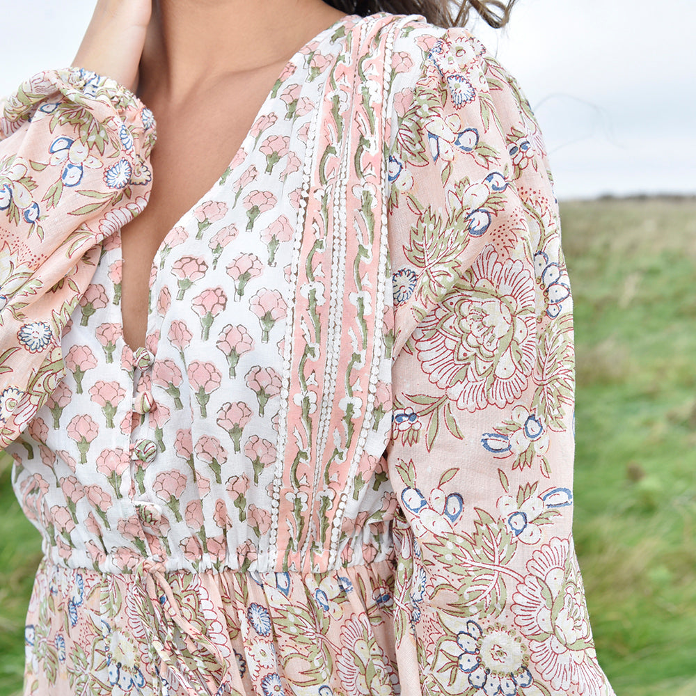 Cora - Peach & Green Print Cotton Dress