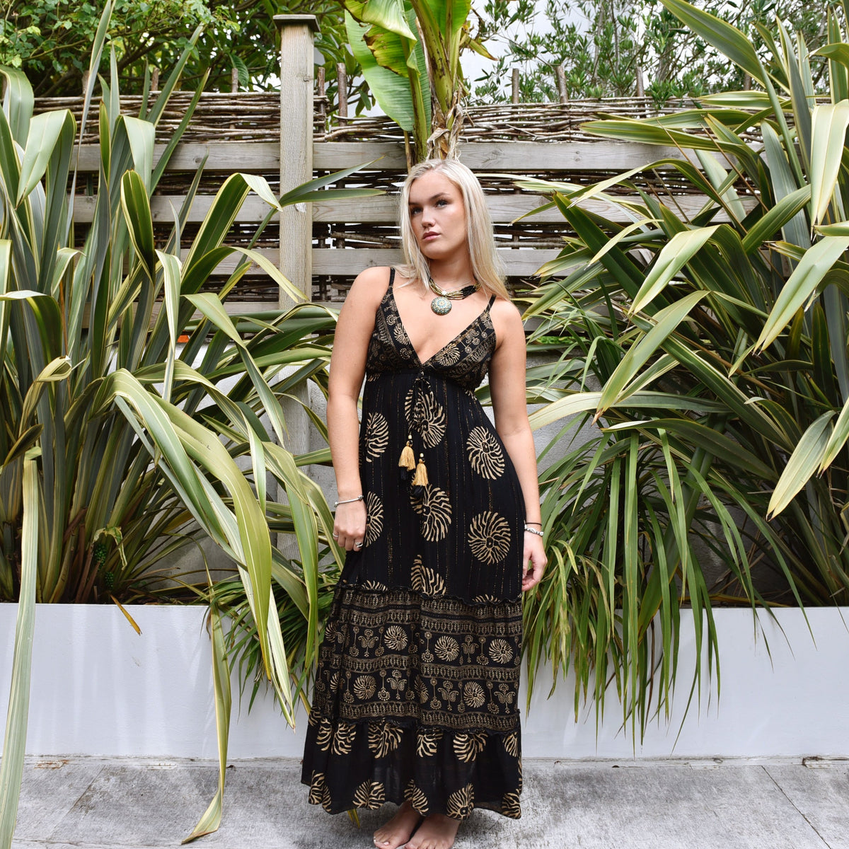 Astrid, Black & Gold Mixed Print Crepe Strappy Dress
