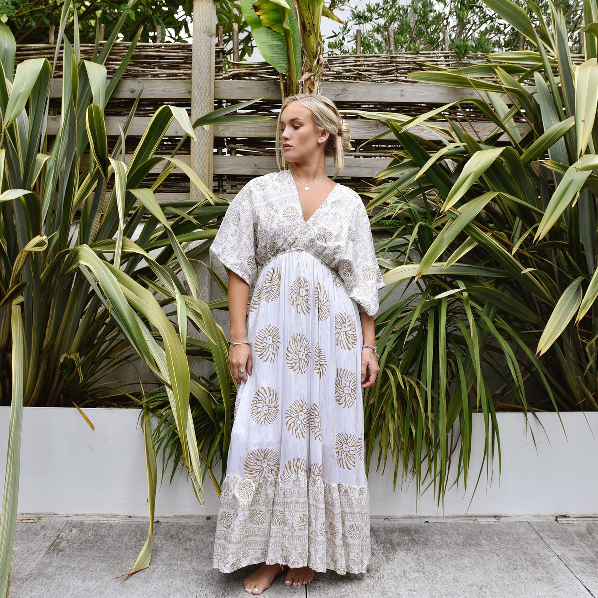 Heather, White & Gold Mixed Print Batwing Crepe Dress