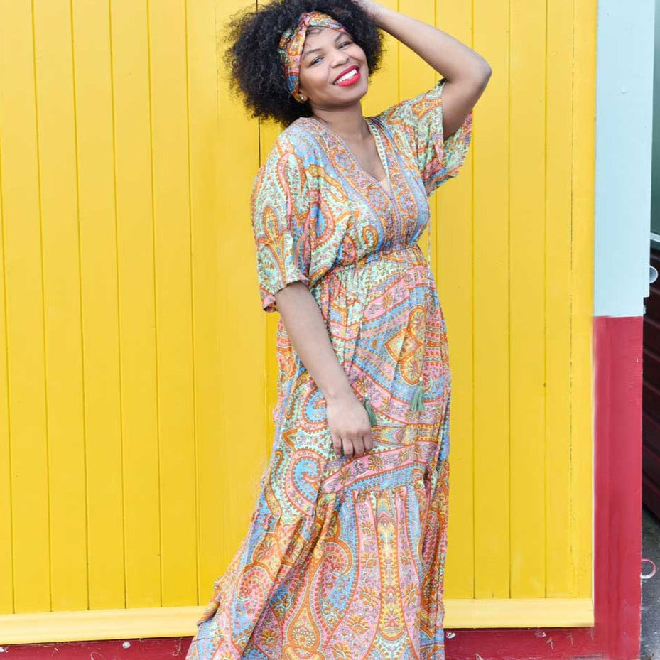 ‘Sorenna’ Colourful Paisley Print Batwing Sleeve Dress