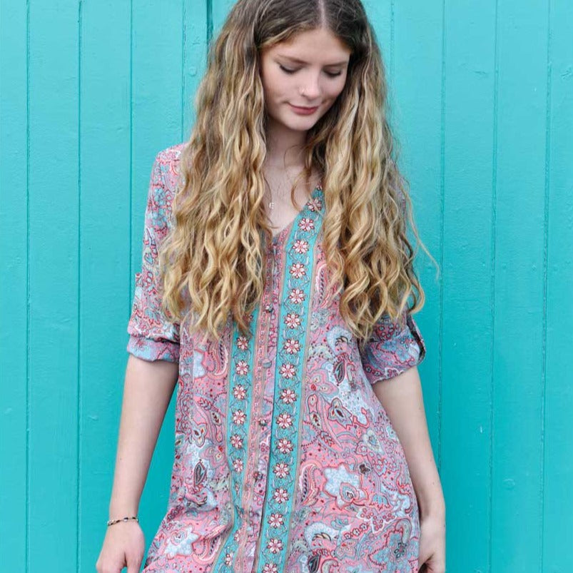 ‘Mae’ Blue, Pink and Red Floral Viscose Shirt Dress