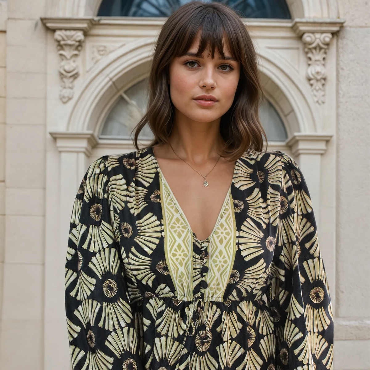 Netra, Black & Gold Fan Print Viscose Long Sleeve Dress