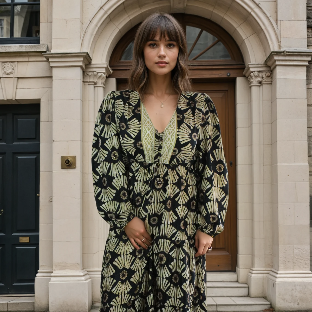 Netra, Black & Gold Fan Print Viscose Long Sleeve Dress