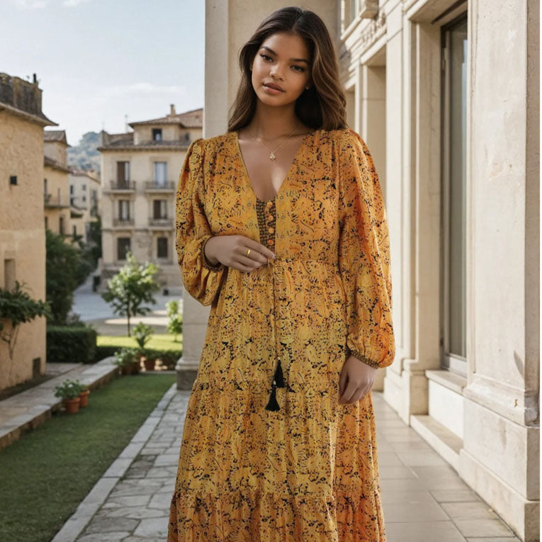Goldie, Black & Mustard Viscose Long Sleeve Dress