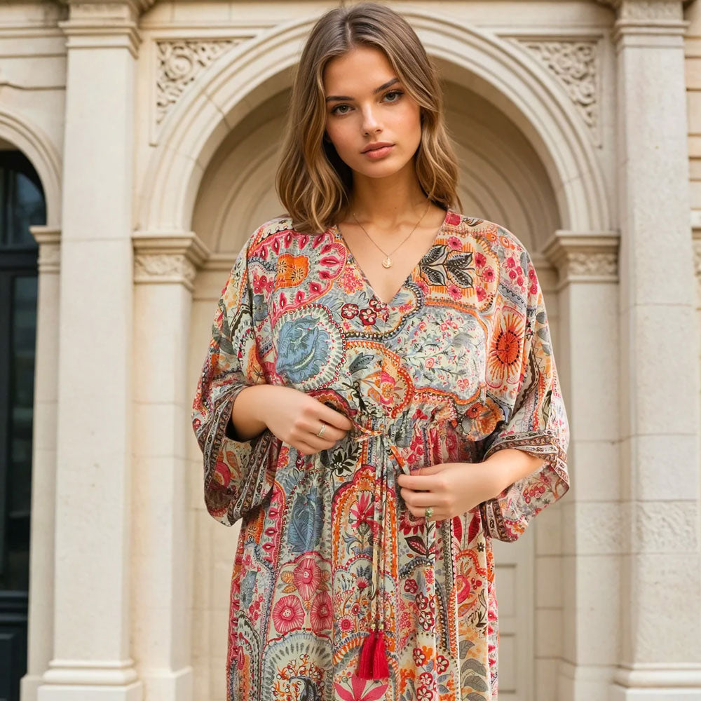 Teagan, Cream, Orange, Pink & Brown Floral Print Batwing Viscose Dress With Tassels