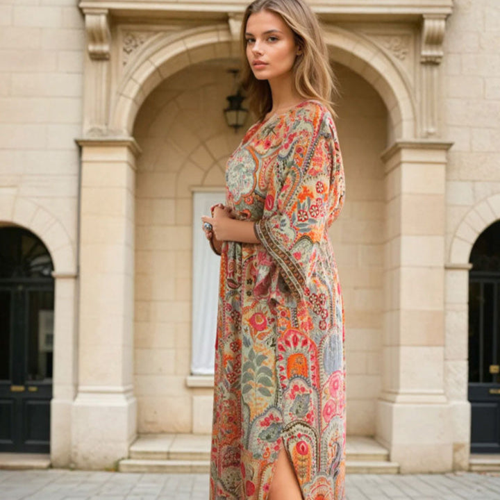Teagan, Cream, Orange, Pink & Brown Floral Print Batwing Viscose Dress With Tassels
