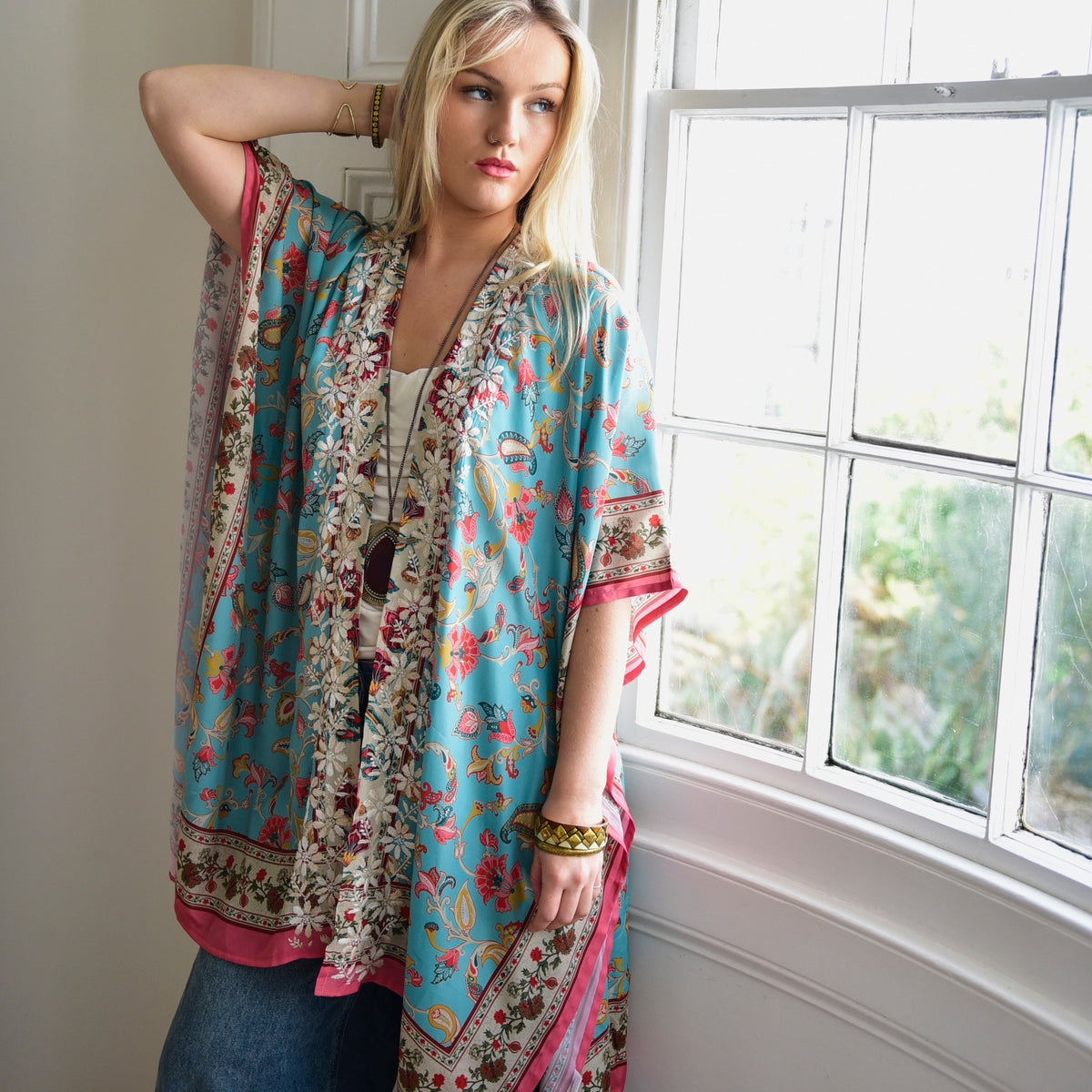 Turquoise & Pink Long Viscose Summer Kaftan Jacket With Cream Heavy Fishbone Embroidery