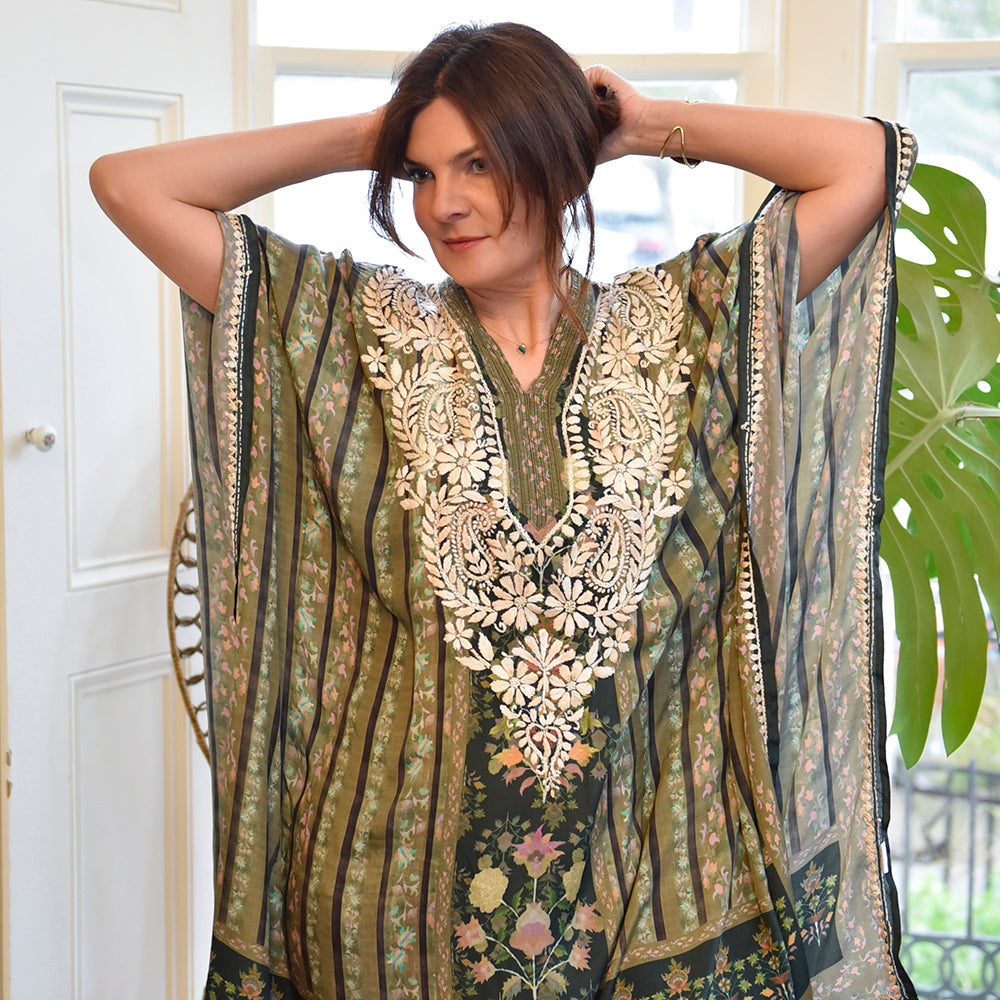 Green Mixed Floral Print Viscose Kaftan With Wide Cream Heavy Fishbone Embroidery