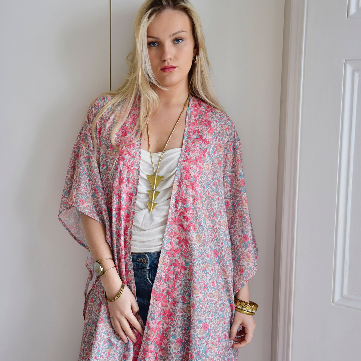 Pink Pastel Floral Long Viscose Summer Kaftan Jacket With Ombre Pink Heavy Fishbone Embroidery