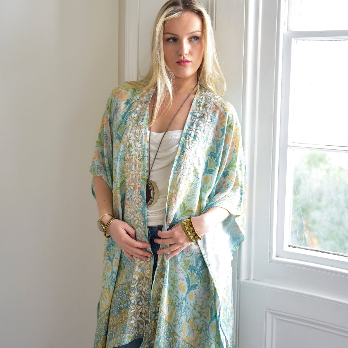Mint Spring Floral Viscose Summer Kaftan Jacket With Cream Heavy Fishbone Embroidery