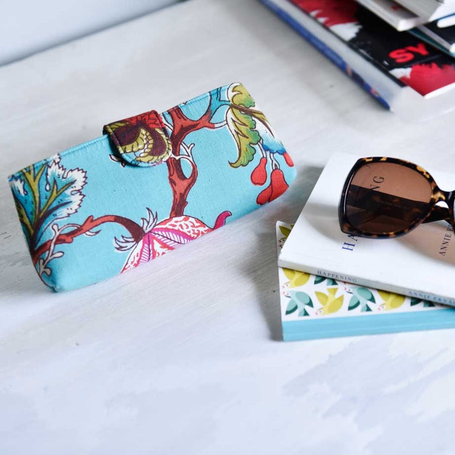 Teal Exotic Flower Print Padded Glasses Case