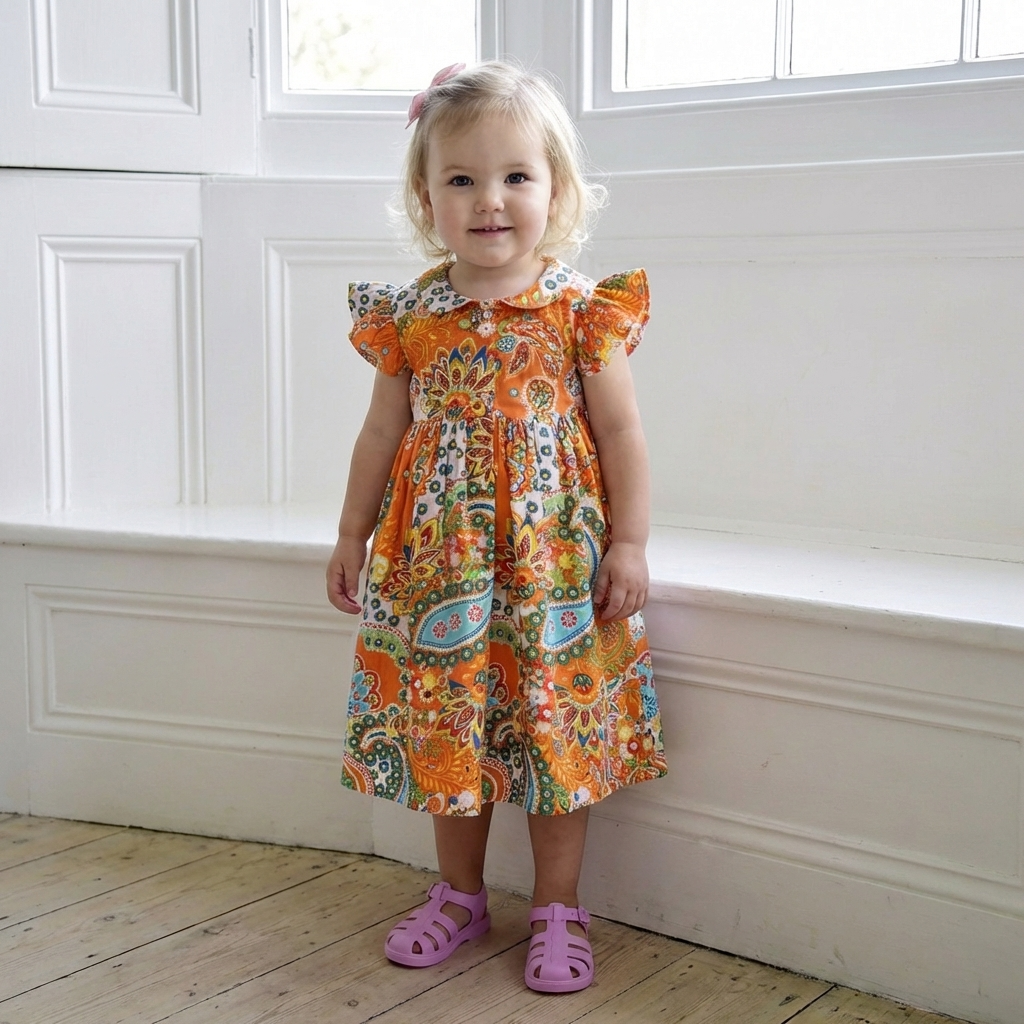 Orange Paisley Button Down Dress With Peter Pan Collar