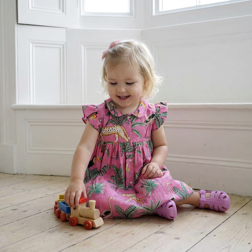 Pink Safari Button Down Dress With Peter Pan Collar