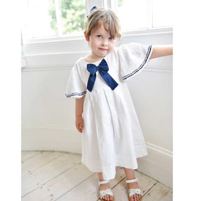 White Linen Girls Dress With Navy Bow