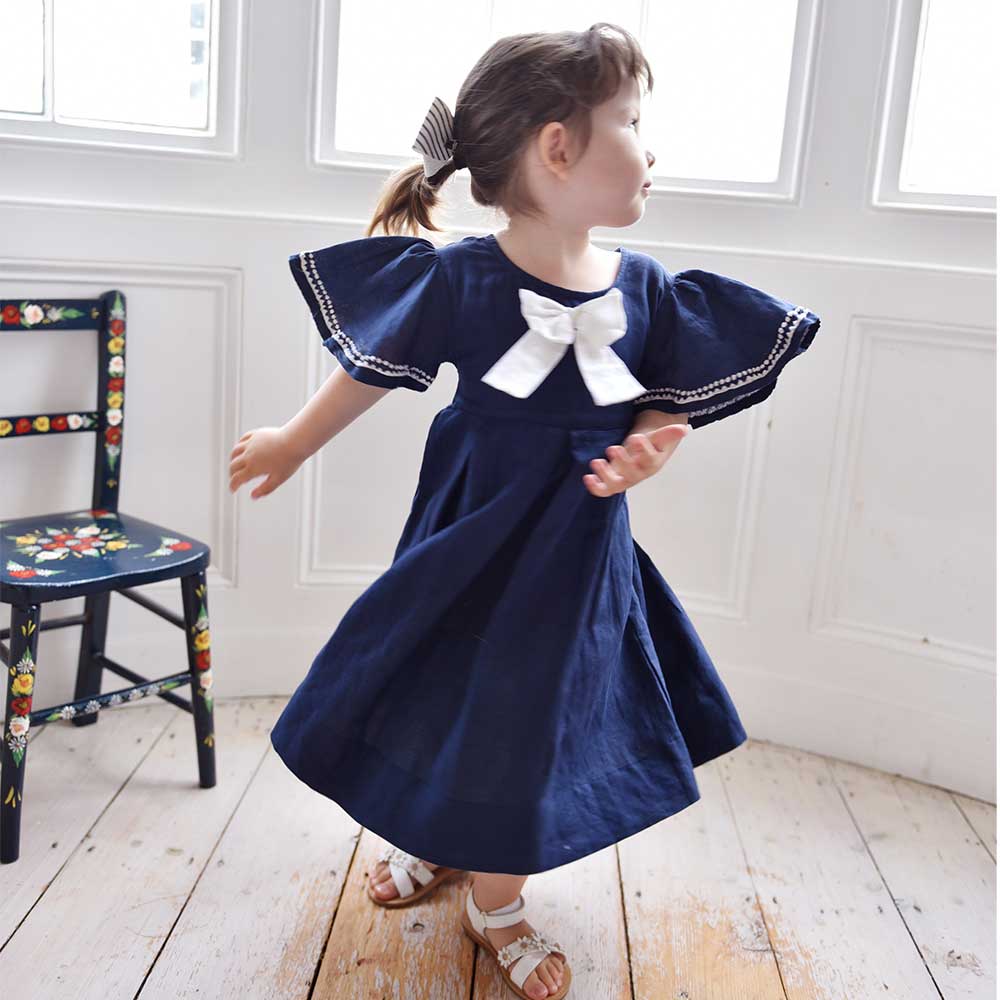 Navy Linen Girls Dress With White Bow