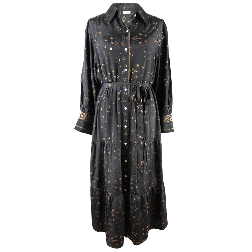 Ember, Black & Gold Small Geo Print Viscose Long Tiered Dress