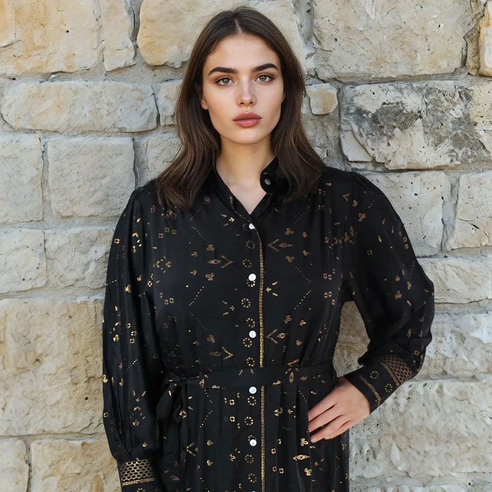 Ember, Black & Gold Small Geo Print Viscose Long Tiered Dress