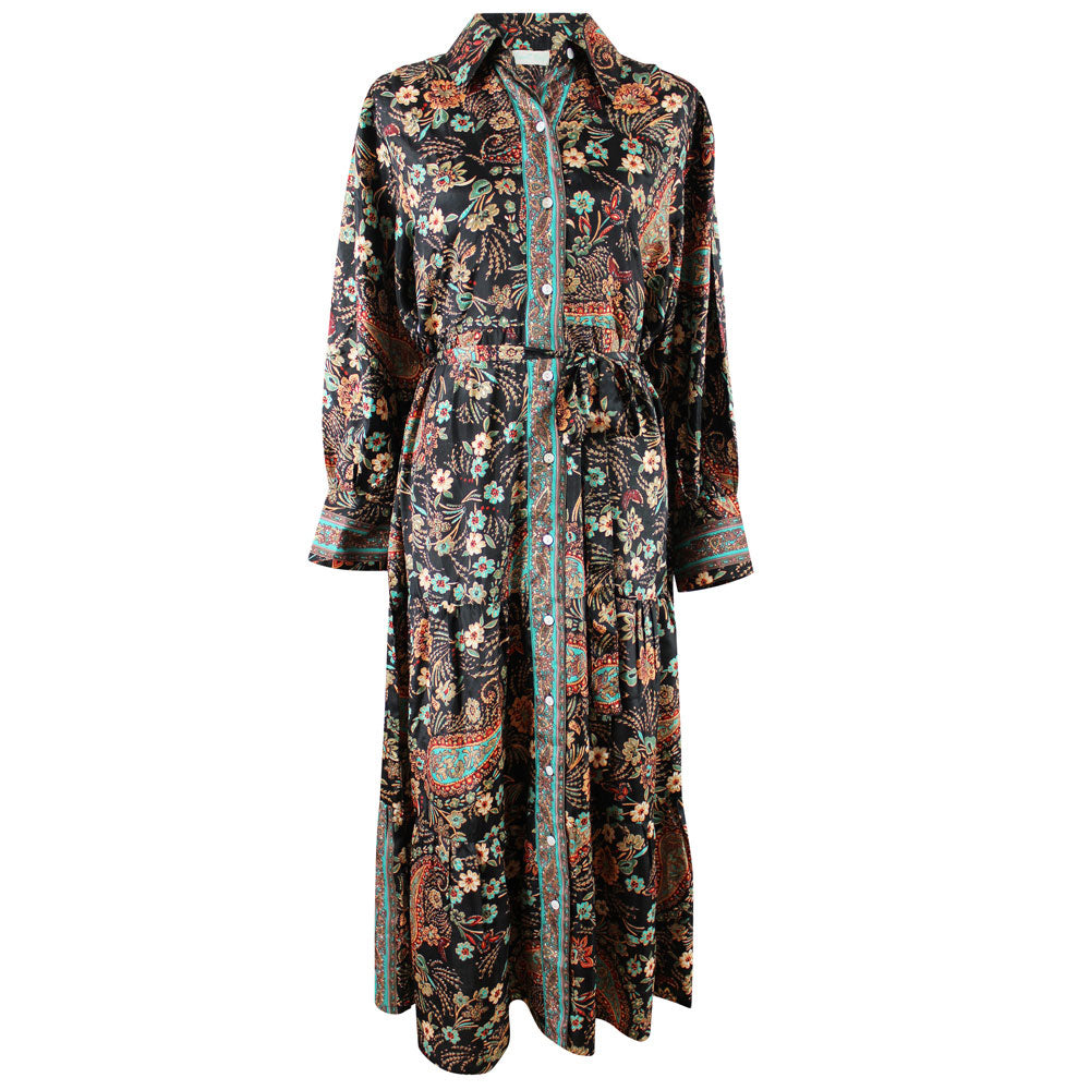 Amara, Black, Blue & Red Paisley Floral Print Viscose Long Tiered Dress