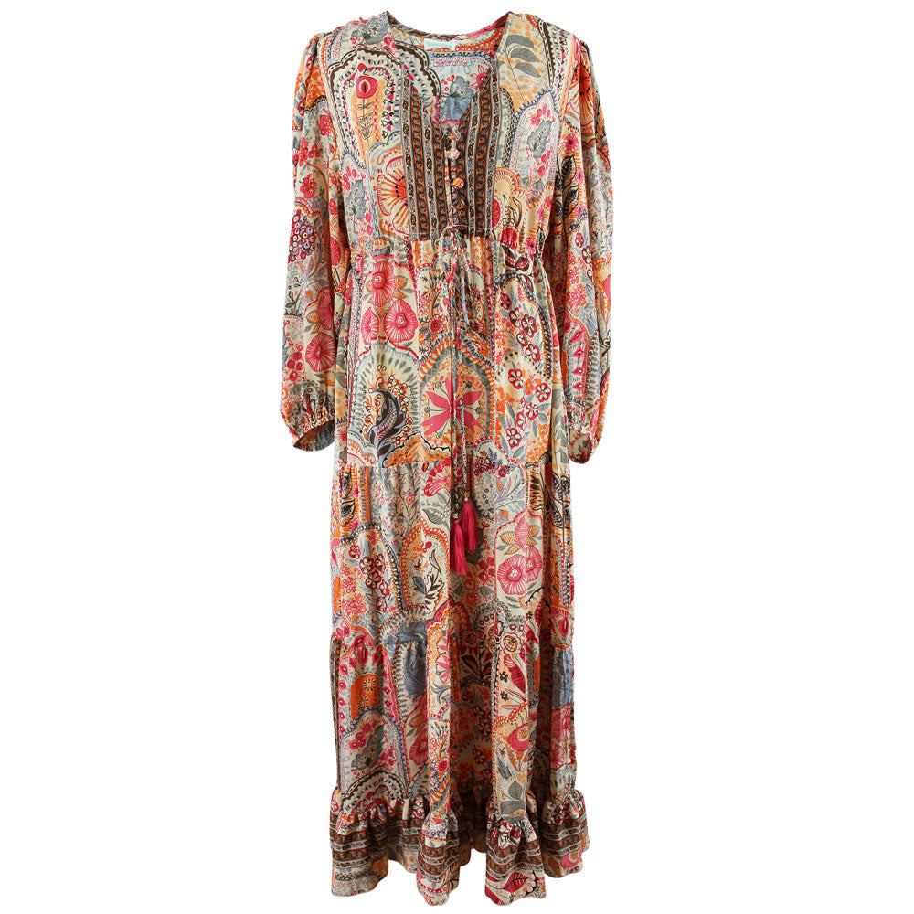 Tuuli, Cream, Orange, Pink & Brown Floral Viscose Long Sleeve Dress